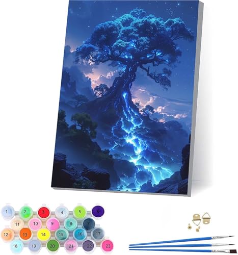 Baum Malen Nach Zahlen Erwachsene Mit Rahmen, Malen Nach Zahlen Sternenhimmel, DIY Set Erwachsene Mit 3 Pinseln und Acrylfarbe Knitterfreie Leinwand, Deko Wohnzimmer und Wanddeko 30x40cm P-1431 von KUEAJIOU