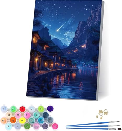 Berg Malen Nach Zahlen Erwachsene Mit Rahmen, Malen Nach Zahlen Landschaft, DIY Set Erwachsene Mit 3 Pinseln und Acrylfarbe Knitterfreie Leinwand, Paint by Numbers für Deko Wohnzimmer 30x40cm O-2529 von KUEAJIOU