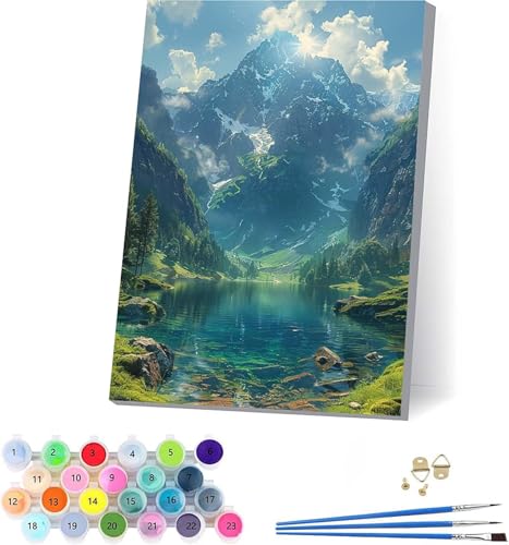 Berg Malen Nach Zahlen Erwachsene Mit Rahmen, Malen Nach Zahlen Landschaft, DIY Set Erwachsene Mit 3 Pinseln und Acrylfarbe Knitterfreie Leinwand, Paint by Numbers für Deko Wohnzimmer 40x50cm T-3770 von KUEAJIOU