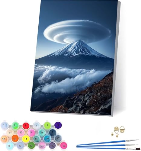 Berg Malen Nach Zahlen Erwachsene Mit Rahmen, Malen Nach Zahlen Landschaft, DIY Set Erwachsene Mit 3 Pinseln und Acrylfarbe Knitterfreie Leinwand, Paint by Numbers für Deko Wohnzimmer 70x95cm 3-6594 von KUEAJIOU