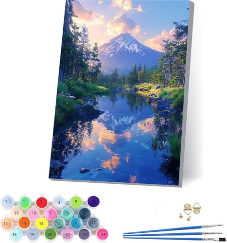 Berg Malen Nach Zahlen Erwachsene Mit Rahmen, Malen Nach Zahlen Rivers, DIY Set Erwachsene Mit 3 Pinseln und Acrylfarbe Knitterfreie Leinwand, Paint by Numbers für Deko Wohnzimmer 70x95cm B-3199 von KUEAJIOU