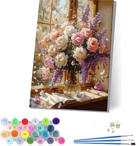 Blume Malen Nach Zahlen Erwachsene Mit Rahmen, Malen Nach Zahlen Buch, DIY Set Erwachsene Mit 3 Pinseln und Acrylfarbe Knitterfreie Leinwand, Paint by Numbers für Deko Wohnzimmer 100x135cm 6-7710 von KUEAJIOU