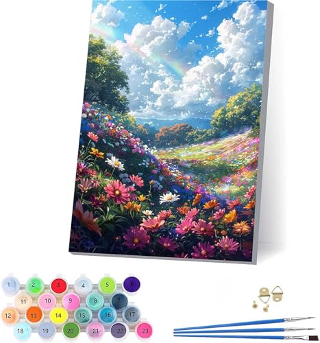 Blume Malen Nach Zahlen Erwachsene Mit Rahmen, Malen Nach Zahlen Landschaft, DIY Set Erwachsene Mit 3 Pinseln und Acrylfarbe, Paint by Numbers für Deko Wohnzimmer, Geschenke für Frauen 70x95cm 9-7785 von KUEAJIOU