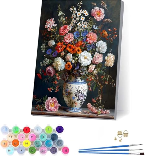 Blume Malen Nach Zahlen Erwachsene Mit Rahmen, Malen Nach Zahlen Pflanzen, DIY Set Erwachsene Mit 3 Pinseln und Acrylfarbe Knitterfreie Leinwand, Paint by Numbers für Deko Wohnzimmer 70x95cm M-8650 von KUEAJIOU