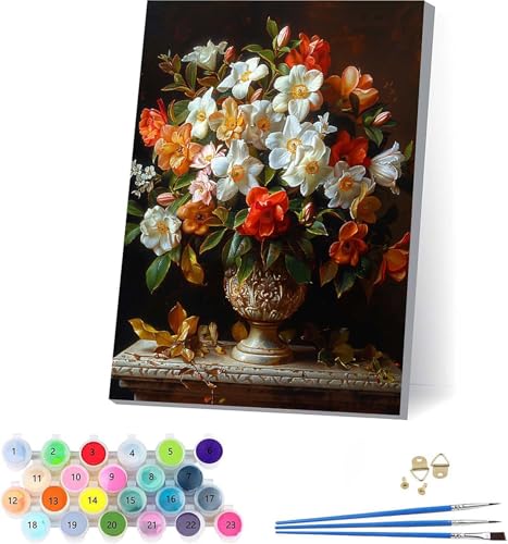 Blume Malen Nach Zahlen Erwachsene Mit Rahmen, Malen Nach Zahlen Pflanzen, DIY Set Erwachsene Mit 3 Pinseln und Acrylfarbe Knitterfreie Leinwand, Paint by Numbers für Deko Wohnzimmer 70x95cm M-8790 von KUEAJIOU