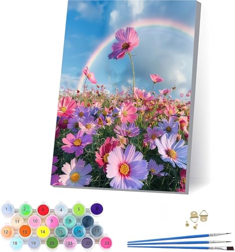 Blume Malen Nach Zahlen Erwachsene Mit Rahmen, Malen Nach Zahlen Regenbogen, DIY Set Erwachsene Mit 3 Pinseln und Acrylfarbe Knitterfreie Leinwand, Paint by Numbers für Deko Wohnzimmer 50x65cm D-4038 von KUEAJIOU