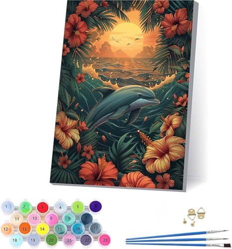 Delphin Malen Nach Zahlen Erwachsene Mit Rahmen, Malen Nach Zahlen Blume, DIY Set Erwachsene Mit 3 Pinseln und Acrylfarbe Knitterfreie Leinwand, Paint by Numbers für Deko Wohnzimmer 100x135cm B-9349 von KUEAJIOU