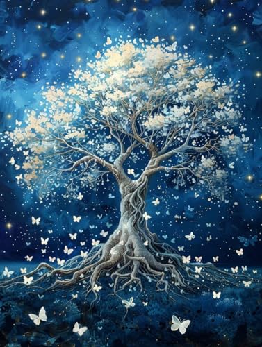 Diamond Painting Baum, 5D Diamond Painting Erwachsene Schmetterling, DIY Vollbohrer Diamanten Malerei Stickerei Kreuzstich, DIY Bastelset Erwachsene, Deko Wohnzimmer Wanddeko Geschenke 60X80cm G-1161 von KUEAJIOU