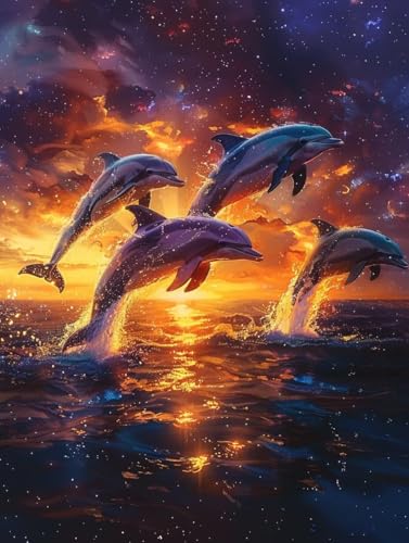 Diamond Painting Erwachsene Sonnenuntergang, 5D Diamant Painting Bilder Delphin, DIY Bastelset Erwachsene, Vollbohrer Diamanten Malerei Stickerei Kreuzstich Kits, Deko Wohnzimmer 60X80cm 4-3893 von KUEAJIOU