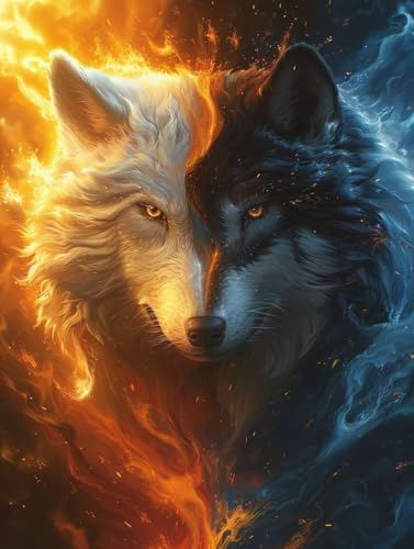 Diamond Painting Wolf, 5D Diamond Painting Erwachsene Flamme, DIY Vollbohrer Diamanten Malerei Stickerei Kreuzstich, DIY Bastelset Erwachsene, Deko Wohnzimmer, Geschenke für Frauen 100x135cm 9-4006 von KUEAJIOU
