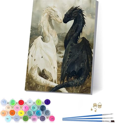 Drachen Malen Nach Zahlen Erwachsene Mit Rahmen, Malen Nach Zahlen Niedlich, DIY Set Erwachsene Mit 3 Pinseln und Acrylfarbe Knitterfreie Leinwand, Paint by Numbers für Deko Wohnzimmer 70x95cm 4-1461 von KUEAJIOU