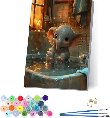 Elefant Malen Nach Zahlen Erwachsene Mit Rahmen, Malen Nach Zahlen Niedlich, DIY Set Erwachsene Mit 3 Pinseln und Acrylfarbe Knitterfreie Leinwand, Paint by Numbers für Deko Wohnzimmer 70x95cm 0-6729 von KUEAJIOU