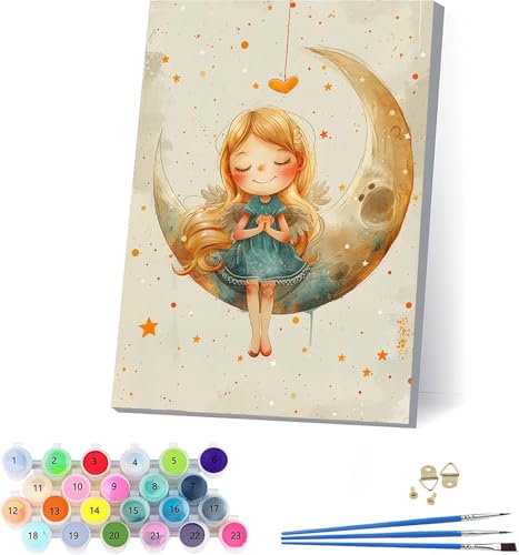Engel Malen Nach Zahlen Erwachsene Mit Rahmen, Malen Nach Zahlen Mond, DIY Set Erwachsene Mit 3 Pinseln und Acrylfarbe, Paint by Numbers für Deko Wohnzimmer, Geschenke für Frauen 70x95cm 9-1570 von KUEAJIOU