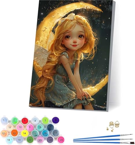 Engel Malen Nach Zahlen Erwachsene Mit Rahmen, Malen Nach Zahlen Mond, DIY Set Erwachsene Mit 3 Pinseln und Acrylfarbe Knitterfreie Leinwand, Paint by Numbers für Deko Wohnzimmer 100x135cm H-6026 von KUEAJIOU