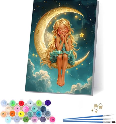 Engel Malen Nach Zahlen Erwachsene Mit Rahmen, Malen Nach Zahlen Mond, DIY Set Erwachsene Mit 3 Pinseln und Acrylfarbe Knitterfreie Leinwand, Paint by Numbers für Deko Wohnzimmer 70x95cm X-9433 von KUEAJIOU