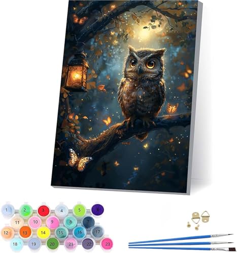 Eule Malen Nach Zahlen Erwachsene Mit Rahmen, Malen Nach Zahlen Schmetterling, DIY Set Erwachsene Mit 3 Pinseln und Acrylfarbe Knitterfreie Leinwand, Deko Wohnzimmer und Wanddeko 70x95cm 8-8211 von KUEAJIOU