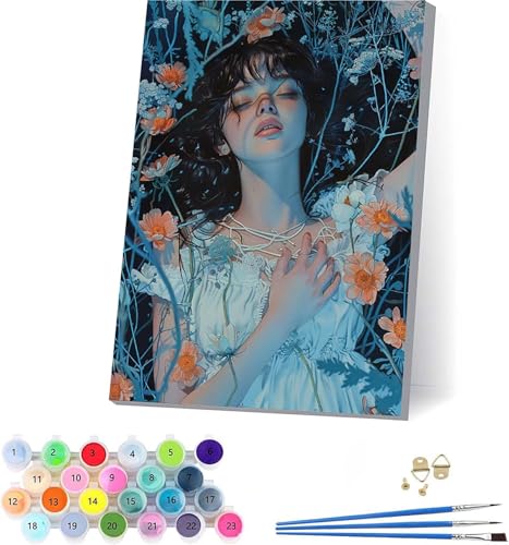 Frau Malen Nach Zahlen Erwachsene Mit Rahmen, Malen Nach Zahlen Blume, DIY Set Erwachsene Mit 3 Pinseln und Acrylfarbe, Paint by Numbers für Deko Wohnzimmer, Geschenke für Frauen 30x40cm 1-5535 von KUEAJIOU