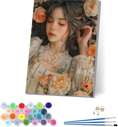 Frau Malen Nach Zahlen Erwachsene Mit Rahmen, Malen Nach Zahlen Blume, DIY Set Erwachsene Mit 3 Pinseln und Acrylfarbe, Paint by Numbers für Deko Wohnzimmer, Geschenke für Frauen 40x50cm 9-5955 von KUEAJIOU
