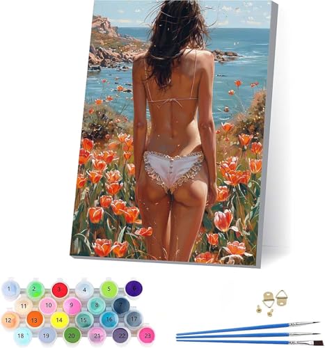 Frau Malen Nach Zahlen Erwachsene Mit Rahmen, Malen Nach Zahlen Blume, DIY Set Erwachsene Mit 3 Pinseln und Acrylfarbe Knitterfreie Leinwand, Paint by Numbers für Deko Wohnzimmer 100x135cm D-8840 von KUEAJIOU