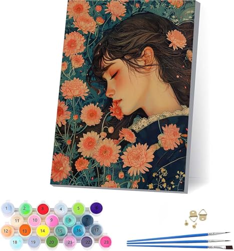 Frau Malen Nach Zahlen Erwachsene Mit Rahmen, Malen Nach Zahlen Blume, DIY Set Erwachsene Mit 3 Pinseln und Acrylfarbe Knitterfreie Leinwand, Paint by Numbers für Deko Wohnzimmer 70x95cm P-4068 von KUEAJIOU