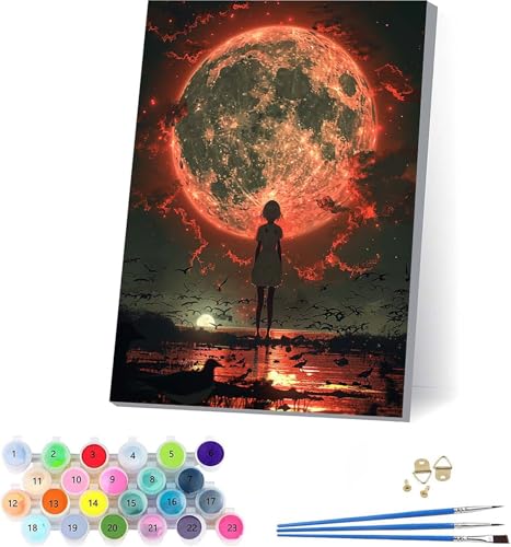 Frau Malen Nach Zahlen Erwachsene Mit Rahmen, Malen Nach Zahlen Mond, DIY Set Erwachsene Mit 3 Pinseln und Acrylfarbe, Paint by Numbers für Deko Wohnzimmer, Geschenke für Frauen 40x50cm 9-9314 von KUEAJIOU