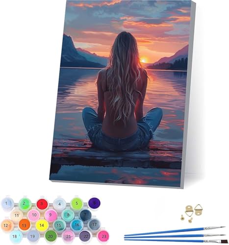 Frau Malen Nach Zahlen Erwachsene Mit Rahmen, Malen Nach Zahlen Sonnenuntergang, DIY Set Erwachsene Mit 3 Pinseln und Acrylfarbe, Deko Wohnzimmer und Wanddeko, Geschenke für Frauen 50x65cm M-4509 von KUEAJIOU
