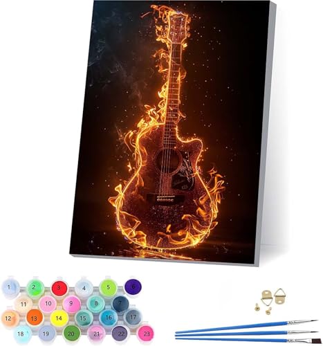 Gitarre Malen Nach Zahlen Erwachsene Mit Rahmen, Malen Nach Zahlen Flamme, DIY Set Erwachsene Mit 3 Pinseln und Acrylfarbe, Paint by Numbers für Deko Wohnzimmer, Geschenke für Frauen 70x95cm N-2236 von KUEAJIOU