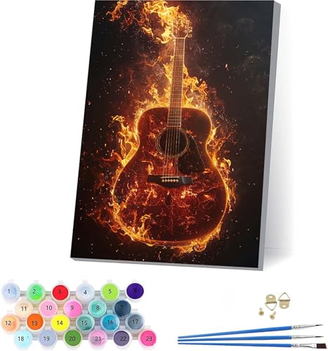 Gitarre Malen Nach Zahlen Erwachsene Mit Rahmen, Malen Nach Zahlen Flamme, DIY Set Erwachsene Mit 3 Pinseln und Acrylfarbe Knitterfreie Leinwand, Paint by Numbers für Deko Wohnzimmer 70x95cm 5-9881 von KUEAJIOU