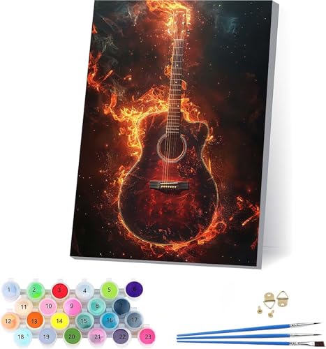 Gitarre Malen Nach Zahlen Erwachsene Mit Rahmen, Malen Nach Zahlen Flamme, DIY Set Erwachsene Mit 3 Pinseln und Acrylfarbe Knitterfreie Leinwand, Paint by Numbers für Deko Wohnzimmer 70x95cm 9-9266 von KUEAJIOU