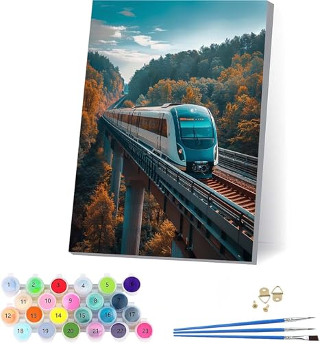 Hochgeschwindigkeitszug Malen Nach Zahlen Erwachsene Mit Rahmen, Malen Nach Zahlen Landschaft, DIY Set Erwachsene Mit 3 Pinseln und Acrylfarbe, Deko Wohnzimmer, Geschenke für Frauen 70x95cm 0-8086 von KUEAJIOU