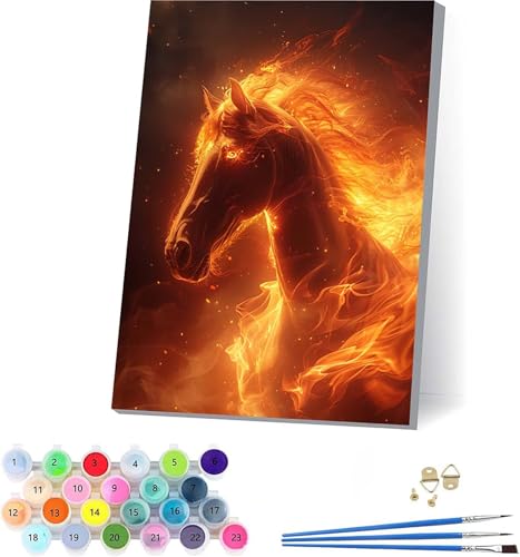 Horse Malen Nach Zahlen Erwachsene Mit Rahmen, Malen Nach Zahlen Flamme, DIY Set Erwachsene Mit 3 Pinseln und Acrylfarbe, Paint by Numbers für Deko Wohnzimmer, Geschenke für Frauen 30x40cm N-1127 von KUEAJIOU