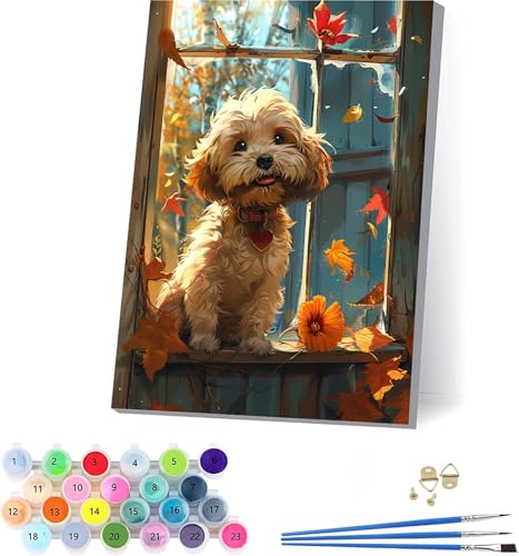Hund Malen Nach Zahlen Erwachsene Mit Rahmen, Malen Nach Zahlen BläTter, DIY Set Erwachsene Mit 3 Pinseln und Acrylfarbe, Paint by Numbers für Deko Wohnzimmer, Geschenke für Frauen 70x95cm G-6618 von KUEAJIOU