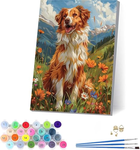 Hund Malen Nach Zahlen Erwachsene Mit Rahmen, Malen Nach Zahlen Blume, DIY Set Erwachsene Mit 3 Pinseln und Acrylfarbe, Paint by Numbers für Deko Wohnzimmer, Geschenke für Frauen 70x95cm 1-6493 von KUEAJIOU