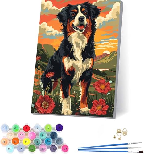 Hund Malen Nach Zahlen Erwachsene Mit Rahmen, Malen Nach Zahlen Blume, DIY Set Erwachsene Mit 3 Pinseln und Acrylfarbe Knitterfreie Leinwand, Paint by Numbers für Deko Wohnzimmer 100x135cm O-9619 von KUEAJIOU
