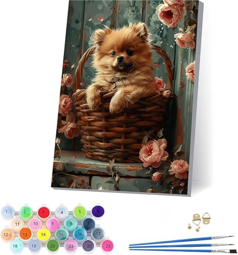 Hund Malen Nach Zahlen Erwachsene Mit Rahmen, Malen Nach Zahlen Blume, DIY Set Erwachsene Mit 3 Pinseln und Acrylfarbe Knitterfreie Leinwand, Paint by Numbers für Deko Wohnzimmer 70x95cm H-3154 von KUEAJIOU