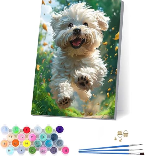 Hund Malen Nach Zahlen Erwachsene Mit Rahmen, Malen Nach Zahlen Tier, DIY Set Erwachsene Mit 3 Pinseln und Acrylfarbe, Paint by Numbers für Deko Wohnzimmer, Geschenke für Frauen 70x95cm 8-3215 von KUEAJIOU