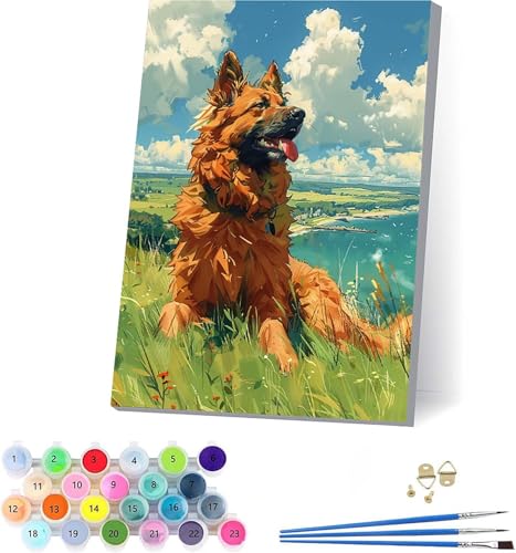 Hund Malen Nach Zahlen Erwachsene Mit Rahmen, Malen Nach Zahlen Wolke, DIY Set Erwachsene Mit 3 Pinseln und Acrylfarbe Knitterfreie Leinwand, Paint by Numbers für Deko Wohnzimmer 70x95cm G-8739 von KUEAJIOU