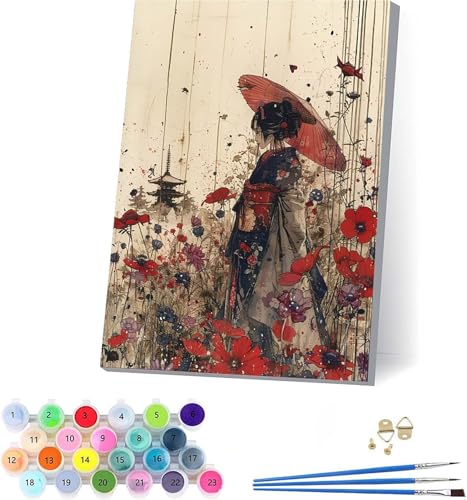 Japanische Frauen Malen Nach Zahlen Erwachsene Mit Rahmen, Malen Nach Zahlen Blume, DIY Set Erwachsene Mit 3 Pinseln und Acrylfarbe, Deko Wohnzimmer und Wanddeko, Geschenke für Frauen 100x130cm 4-1006 von KUEAJIOU