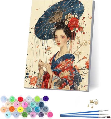 Japanische Frauen Malen Nach Zahlen Erwachsene Mit Rahmen, Malen Nach Zahlen Blume, DIY Set Erwachsene Mit 3 Pinseln und Acrylfarbe, Deko Wohnzimmer und Wanddeko, Geschenke für Frauen 100x130cm D-1748 von KUEAJIOU