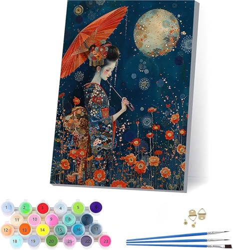 Japanische Frauen Malen Nach Zahlen Erwachsene Mit Rahmen, Malen Nach Zahlen Blume, DIY Set Erwachsene Mit 3 Pinseln und Acrylfarbe, Deko Wohnzimmer und Wanddeko, Geschenke für Frauen 70x95cm 1-3924 von KUEAJIOU
