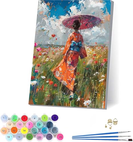Japanische Frauen Malen Nach Zahlen Erwachsene Mit Rahmen, Malen Nach Zahlen Blume, DIY Set Erwachsene Mit 3 Pinseln und Acrylfarbe Knitterfreie Leinwand, Deko Wohnzimmer und Wanddeko 40x50cm 6-8405 von KUEAJIOU