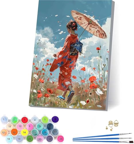 Japanische Frauen Malen Nach Zahlen Erwachsene Mit Rahmen, Malen Nach Zahlen Blume, DIY Set Erwachsene Mit 3 Pinseln und Acrylfarbe Knitterfreie Leinwand, Deko Wohnzimmer und Wanddeko 70x95cm Q-1859 von KUEAJIOU