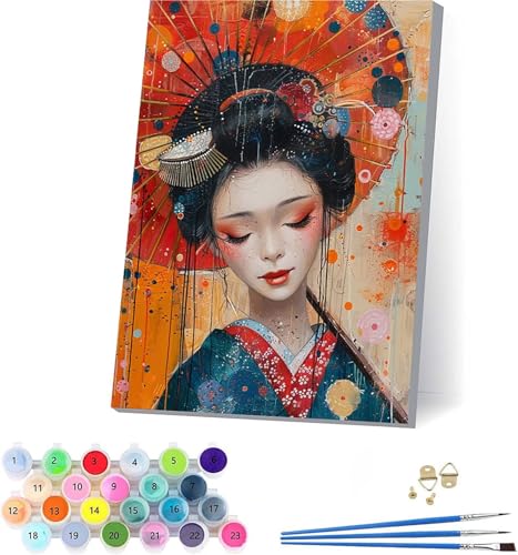 Japanische Frauen Malen Nach Zahlen Erwachsene Mit Rahmen, Malen Nach Zahlen Regenschirm, DIY Set Erwachsene Mit 3 Pinseln und Acrylfarbe, Deko Wohnzimmer, Geschenke für Frauen 50x65cm 9-4262 von KUEAJIOU