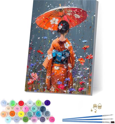 Japanische Frauen Malen Nach Zahlen Erwachsene Mit Rahmen, Malen Nach Zahlen Regenschirm, DIY Set Erwachsene Mit 3 Pinseln und Acrylfarbe Knitterfreie Leinwand, Deko Wohnzimmer 70x95cm 9-8504 von KUEAJIOU