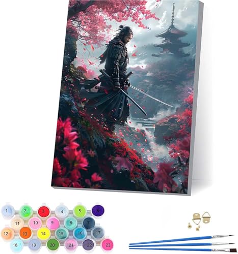 Japanischer Samurai Malen Nach Zahlen Erwachsene Mit Rahmen, Malen Nach Zahlen Architektur, DIY Set Erwachsene Mit 3 Pinseln und Acrylfarbe, Deko Wohnzimmer, Geschenke für Frauen 50x65cm 8-8560 von KUEAJIOU