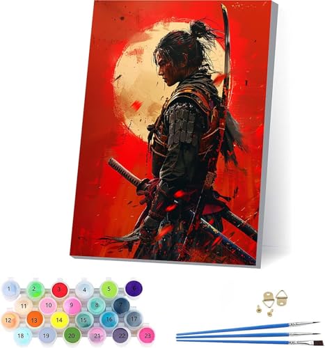 Japanischer Samurai Malen Nach Zahlen Erwachsene Mit Rahmen, Malen Nach Zahlen Katana, DIY Set Erwachsene Mit 3 Pinseln und Acrylfarbe Knitterfreie Leinwand, Deko Wohnzimmer und Wanddeko 50x65cm H-736 von KUEAJIOU