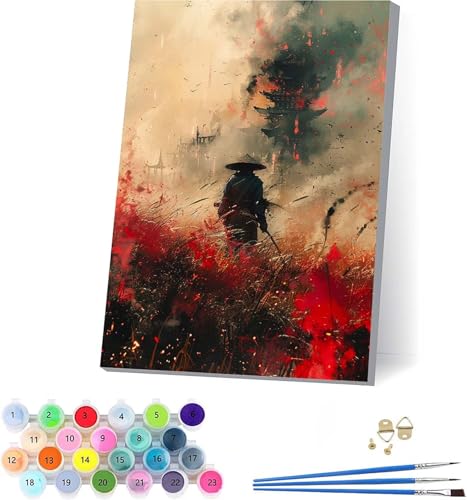 Japanischer Samurai Malen Nach Zahlen Erwachsene Mit Rahmen, Malen Nach Zahlen Landschaft, DIY Set Erwachsene Mit 3 Pinseln und Acrylfarbe, Deko Wohnzimmer, Geschenke für Frauen 40x50cm P-5158 von KUEAJIOU