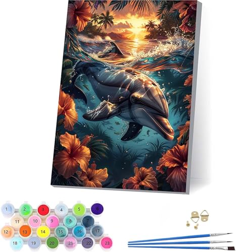 KUEAJIOU Delphin Malen Nach Zahlen Erwachsene Mit Rahmen, Malen Nach Zahlen Meeresbodenlebewesen, DIY Set Erwachsene Mit 3 Pinseln und Acrylfarbe, Deko Wohnzimmer, Geschenke für Frauen 70x95cm 4-9396 von KUEAJIOU