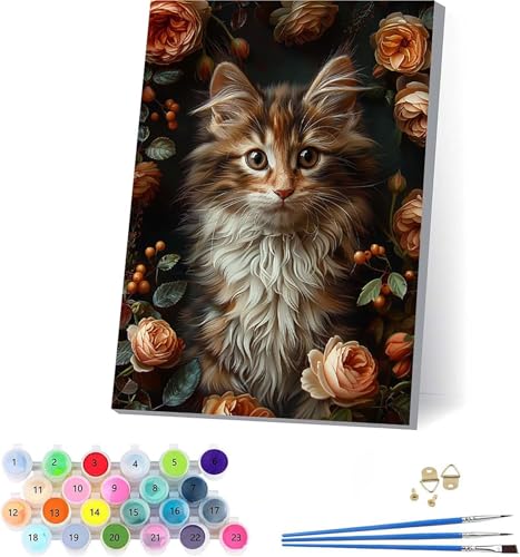 Katze Malen Nach Zahlen Erwachsene Mit Rahmen, Malen Nach Zahlen Blume, DIY Set Erwachsene Mit 3 Pinseln und Acrylfarbe, Paint by Numbers für Deko Wohnzimmer, Geschenke für Frauen 70x95cm 5-2418 von KUEAJIOU
