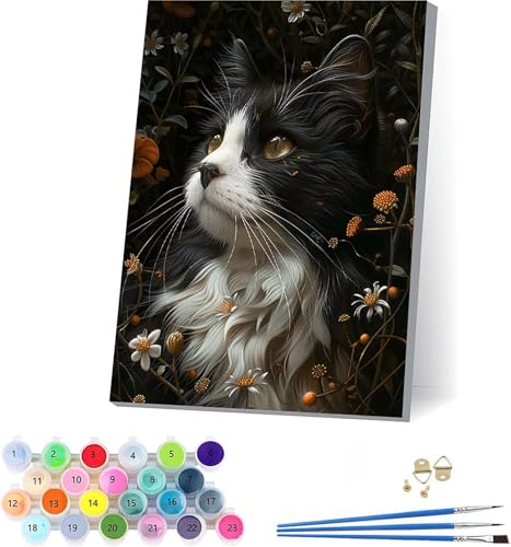 Katze Malen Nach Zahlen Erwachsene Mit Rahmen, Malen Nach Zahlen Blume, DIY Set Erwachsene Mit 3 Pinseln und Acrylfarbe, Paint by Numbers für Deko Wohnzimmer, Geschenke für Frauen 70x95cm 9-8838 von KUEAJIOU